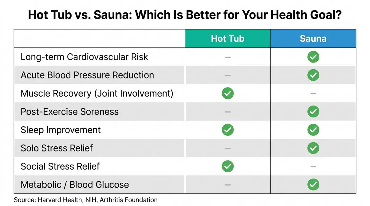 Side-by-side comparison chart of hot tub vs sauna health benefits across cardiovascular, muscle recovery, sleep, and stress categories