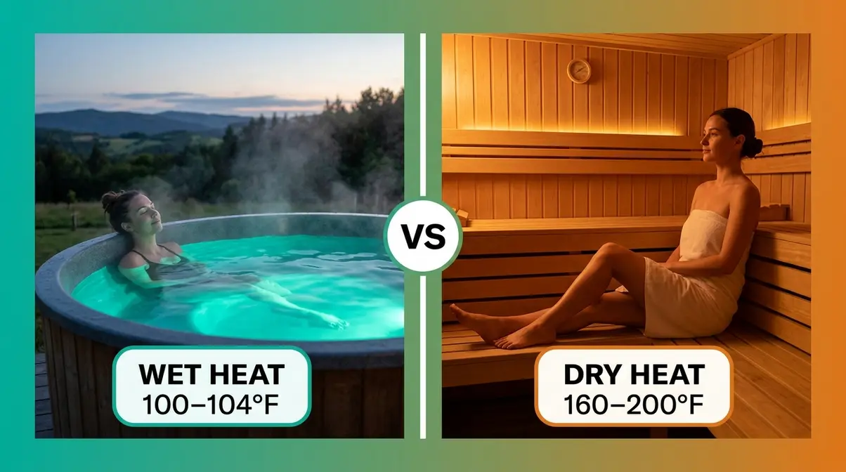 Hot Tub Health Benefits: 7 Science-Backed Facts (2026) 2 Hot tub versus sauna health comparison showing wet heat and dry heat side-by-side with temperature ranges and therapeutic differences