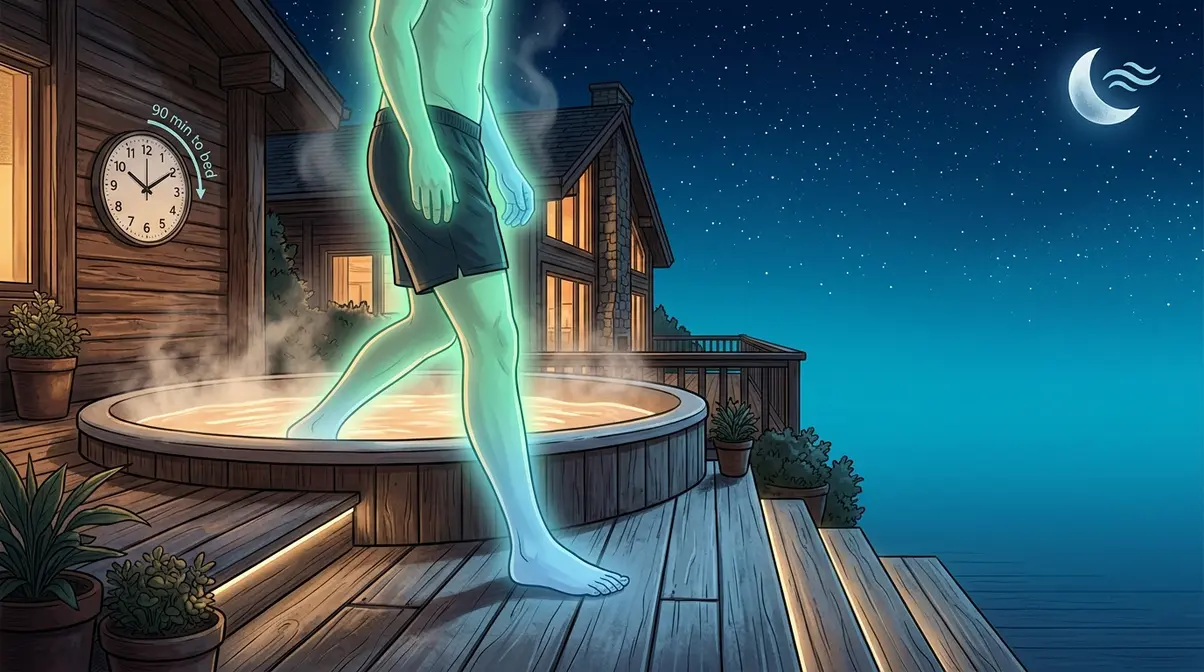 Hot Tub Health Benefits: 7 Science-Backed Facts (2026) 6 Hot tub sleep quality benefit showing person exiting spa 90 minutes before bed triggering core temperature drop for deeper sleep