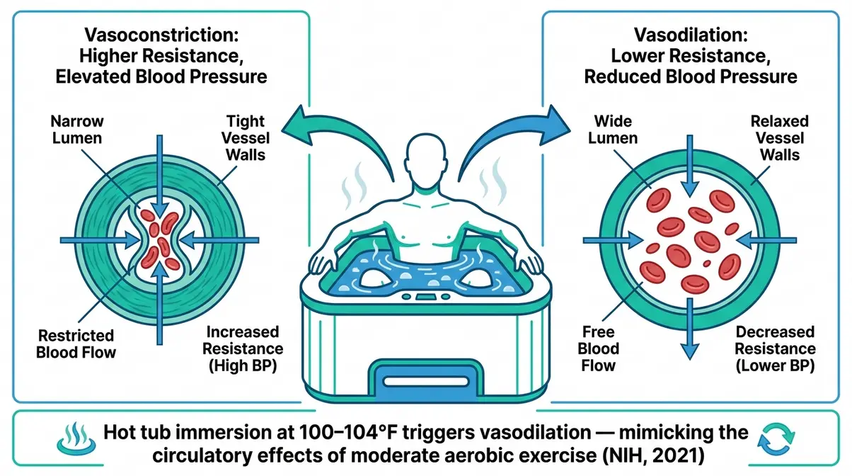Physiological diagram showing vasodilation process during hot tub use and its effect on blood pressure and circulation