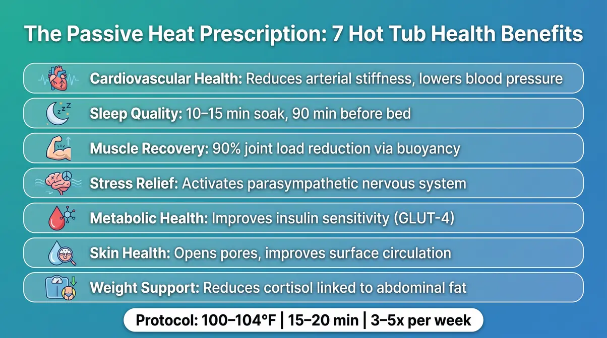 Infographic showing 7 science-backed hot tub health benefits including cardiovascular, sleep, and pain relief