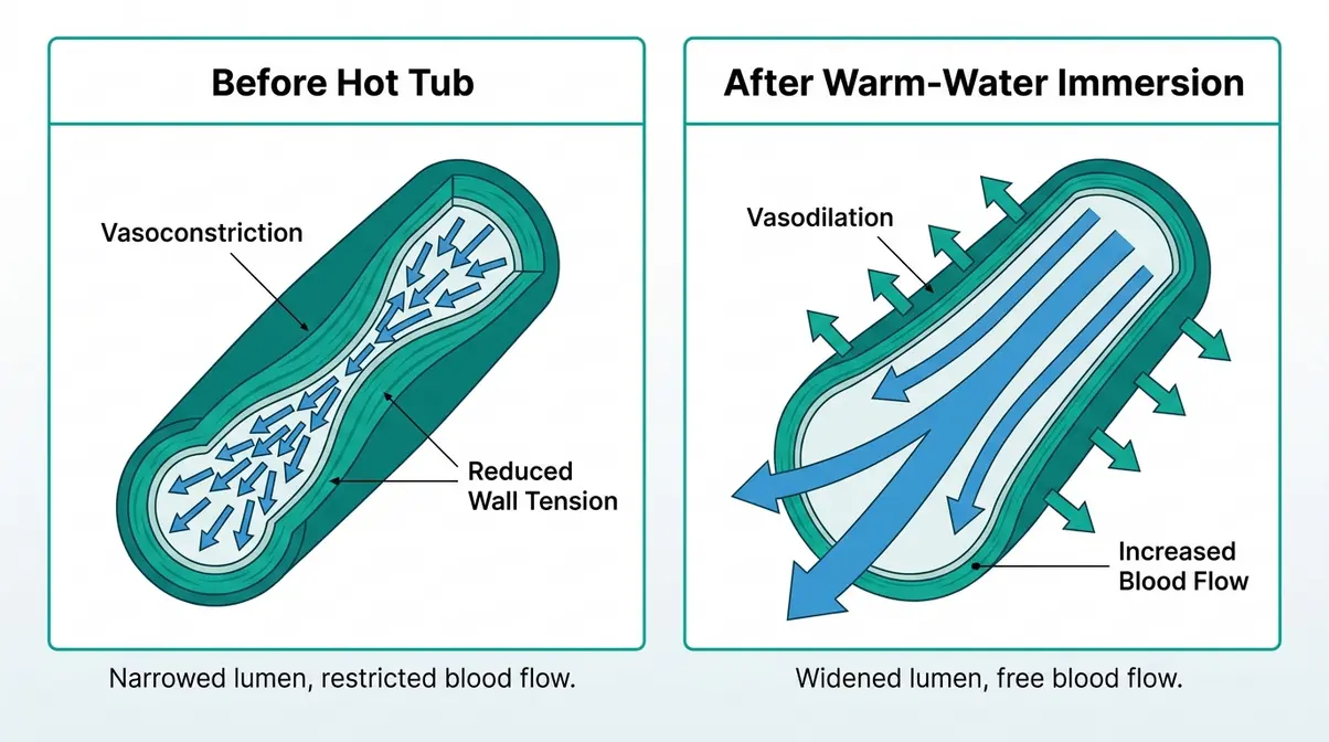 Hot Tub Health Benefits: 7 Science-Backed Facts (2026) 4 Vasodilation diagram showing blood vessel dilation during warm-water hot tub immersion with increased blood flow