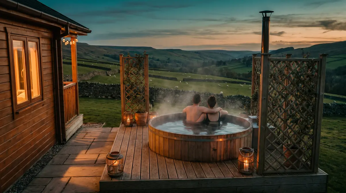 Couple relaxing in private outdoor hot tub overlooking UK countryside valley at dusk