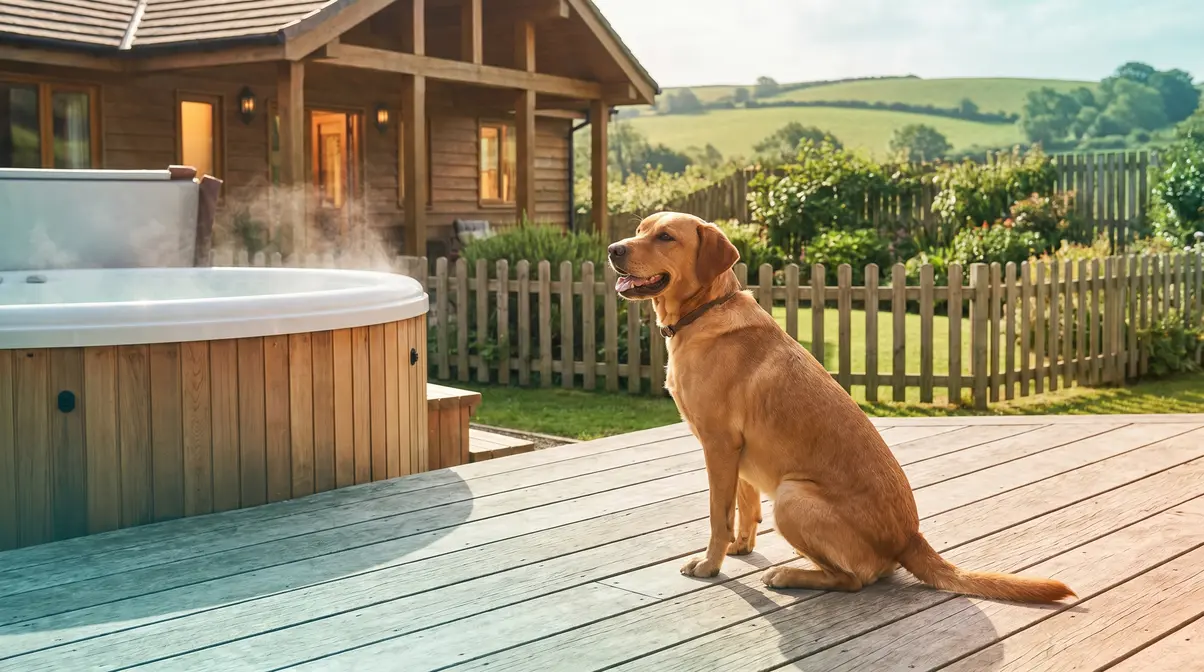 Dog sitting on decking outside a pet-friendly hot tub holiday lodge in UK countryside
