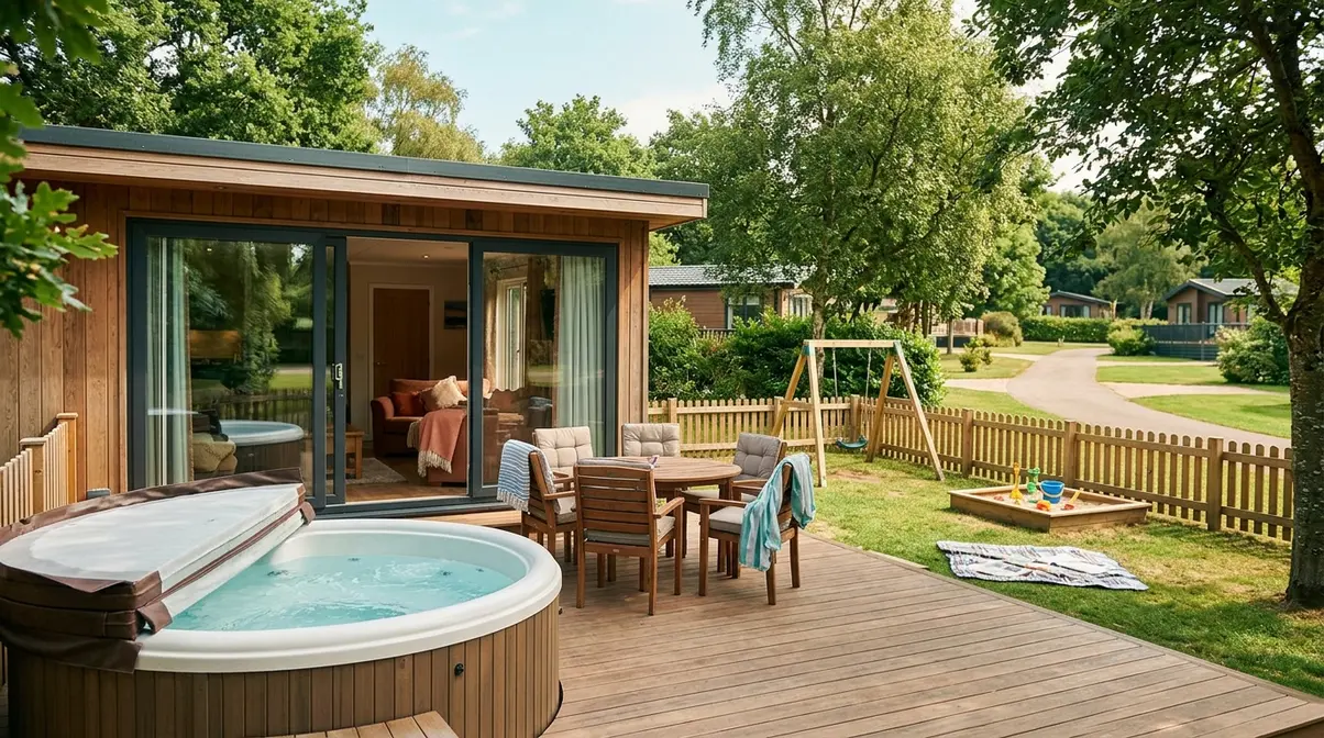 Family-friendly UK holiday lodge with private hot tub on deck and enclosed garden for children