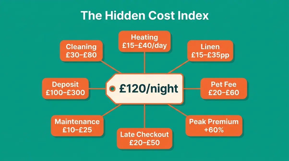 Infographic showing eight hidden costs in UK hot tub holiday bookings including cleaning and heating fees