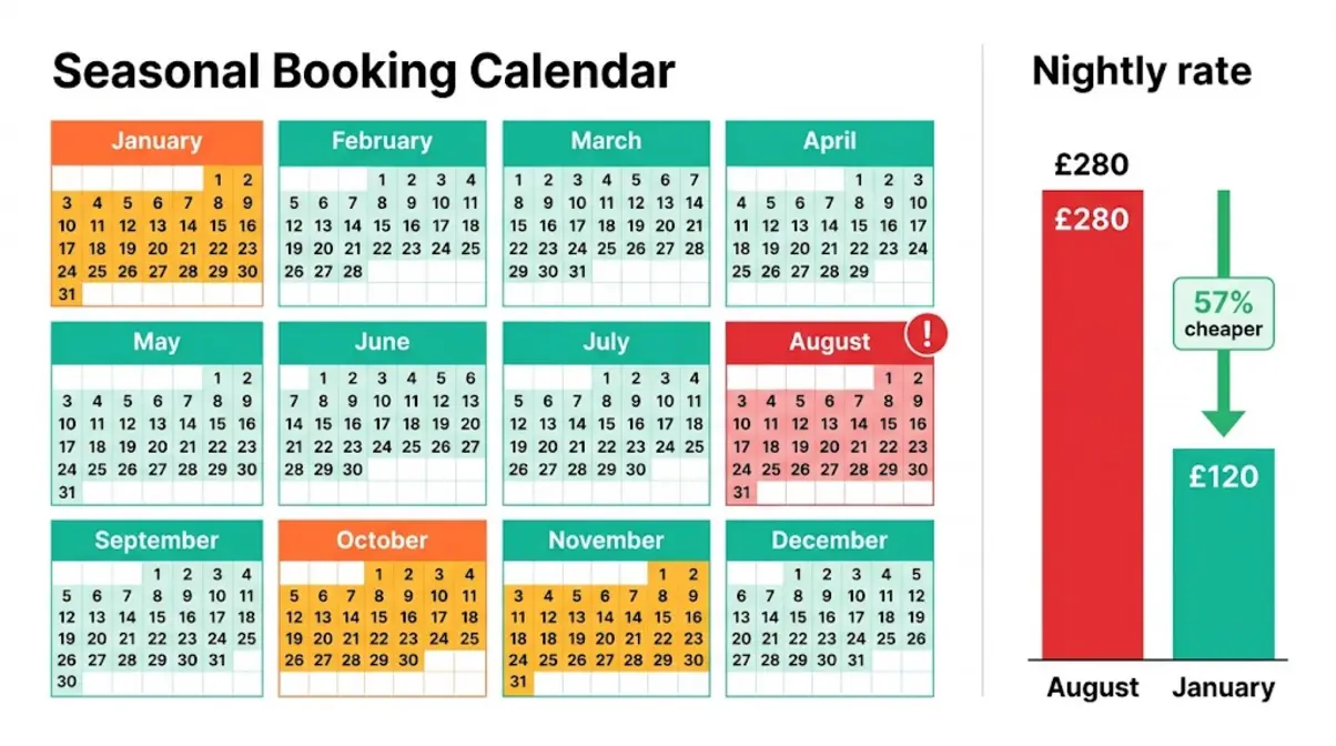 Seasonal booking calendar showing cheapest months for UK hot tub holidays in January and October