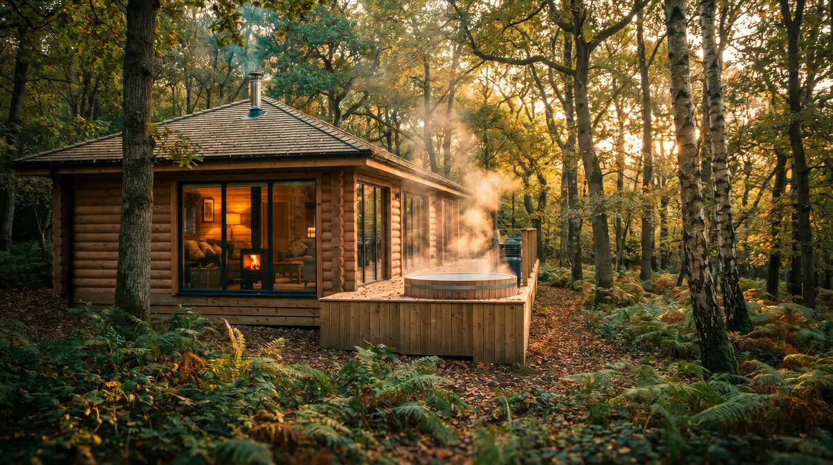 Luxury log cabin with private outdoor hot tub surrounded by UK woodland trees
