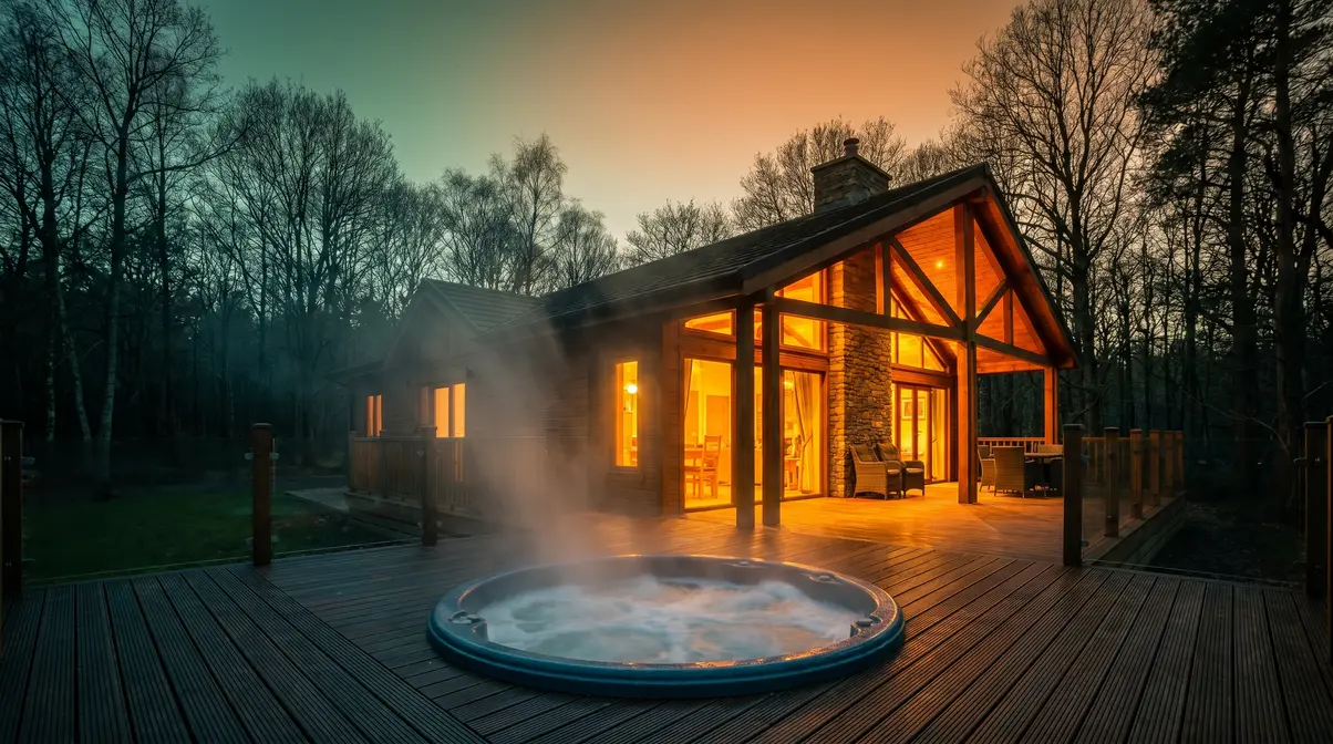 Luxury hot tub holiday lodge at dusk in UK woodland with steam rising from private outdoor tub