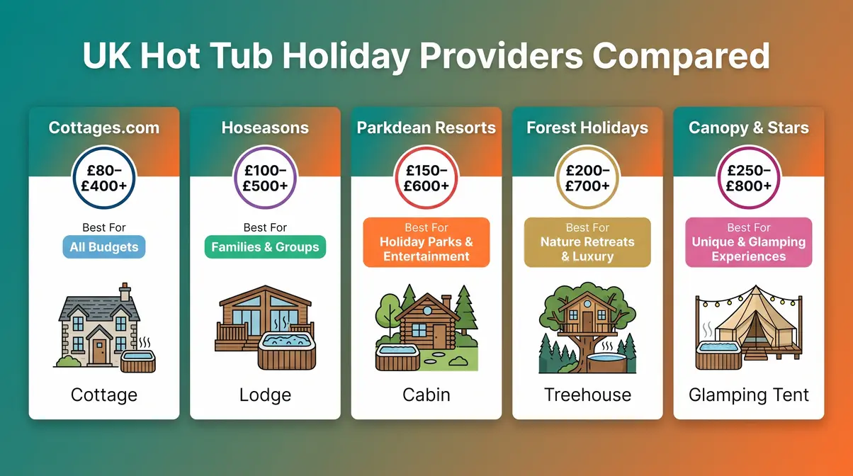 Comparison infographic of top UK hot tub holiday providers by price range and best-for category