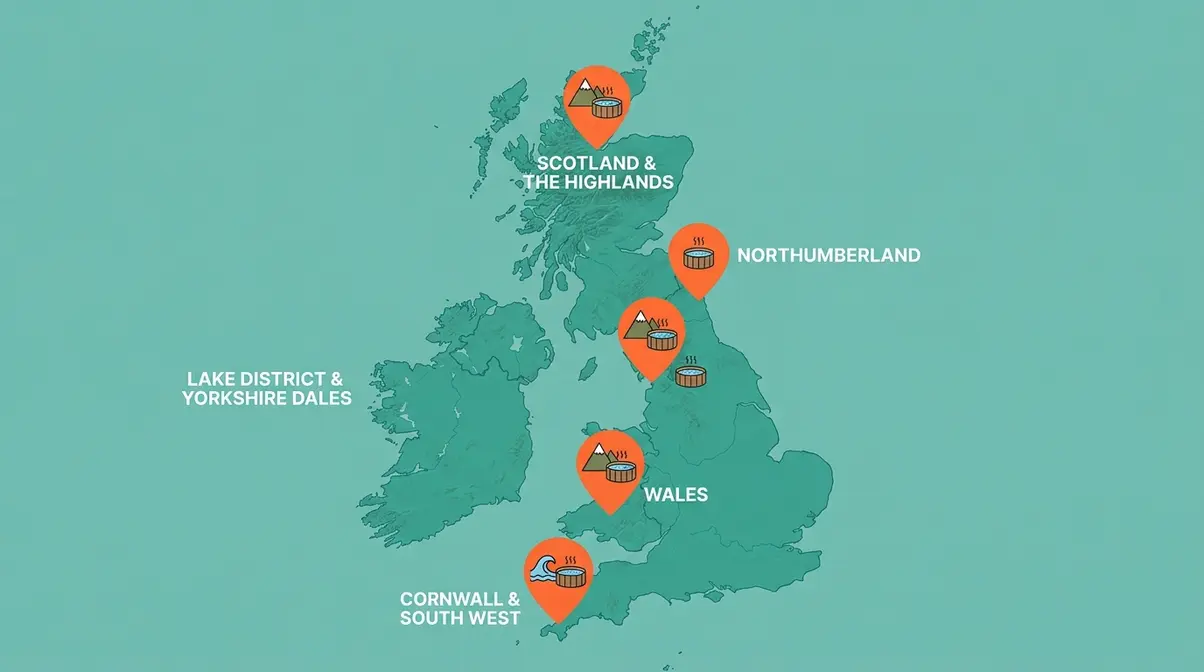 Illustrated map of UK highlighting top five regions for hot tub holidays including Scotland and Cornwall