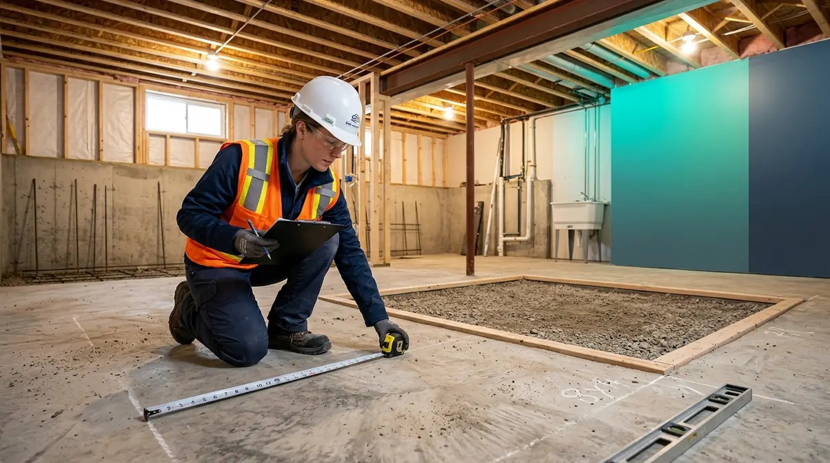 Structural engineer assessing basement concrete slab load capacity for hot tub installation feasibility