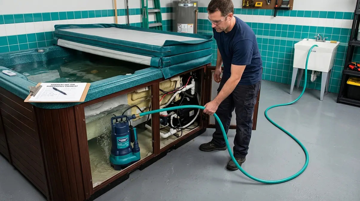 Homeowner draining basement hot tub using submersible pump and garden hose routed to utility sink