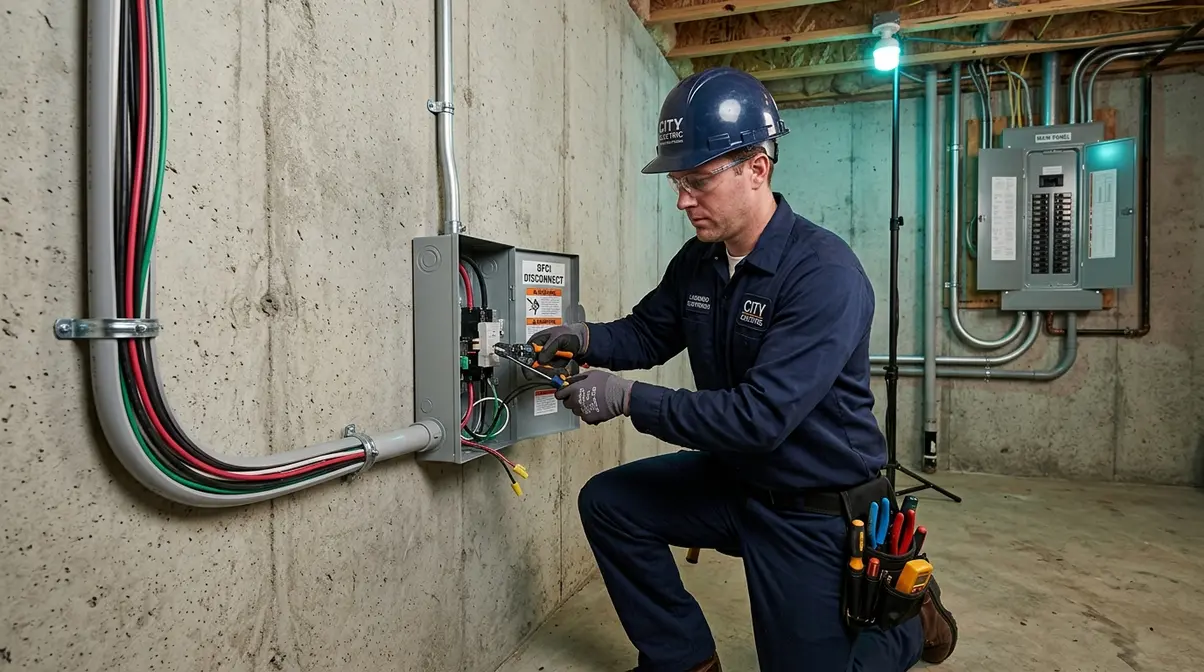 Licensed electrician installing GFCI disconnect box for basement hot tub 240V circuit per NEC Article 680