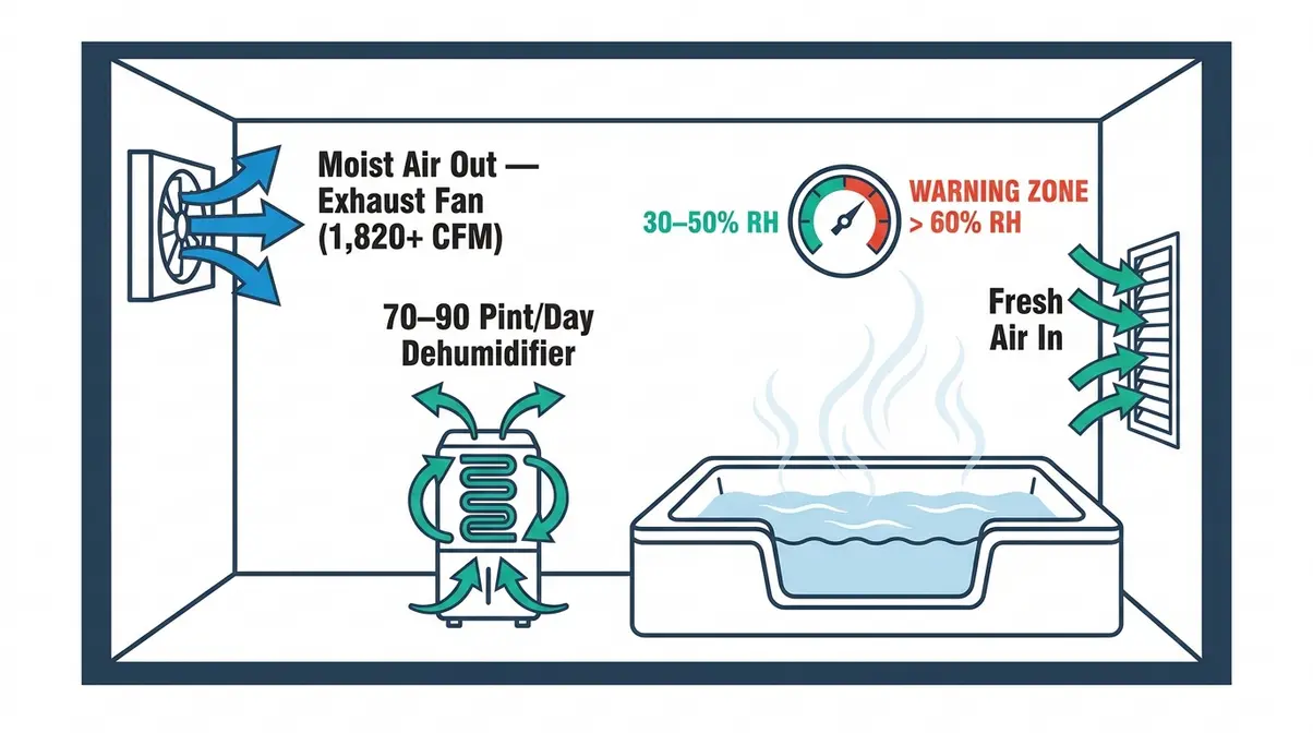 Basement hot tub ventilation HVAC airflow schematic showing exhaust fan placement and dehumidifier position