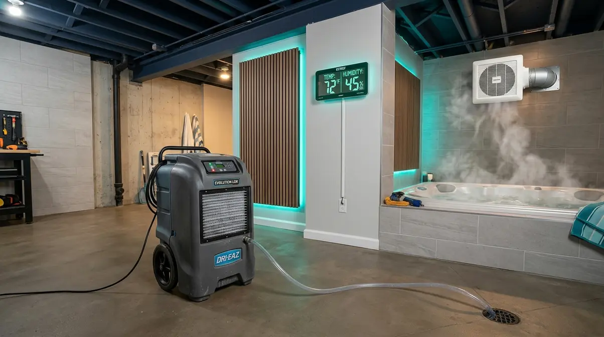 Basement hot tub moisture control showing commercial dehumidifier exhaust fan and hygrometer at 45 percent humidity