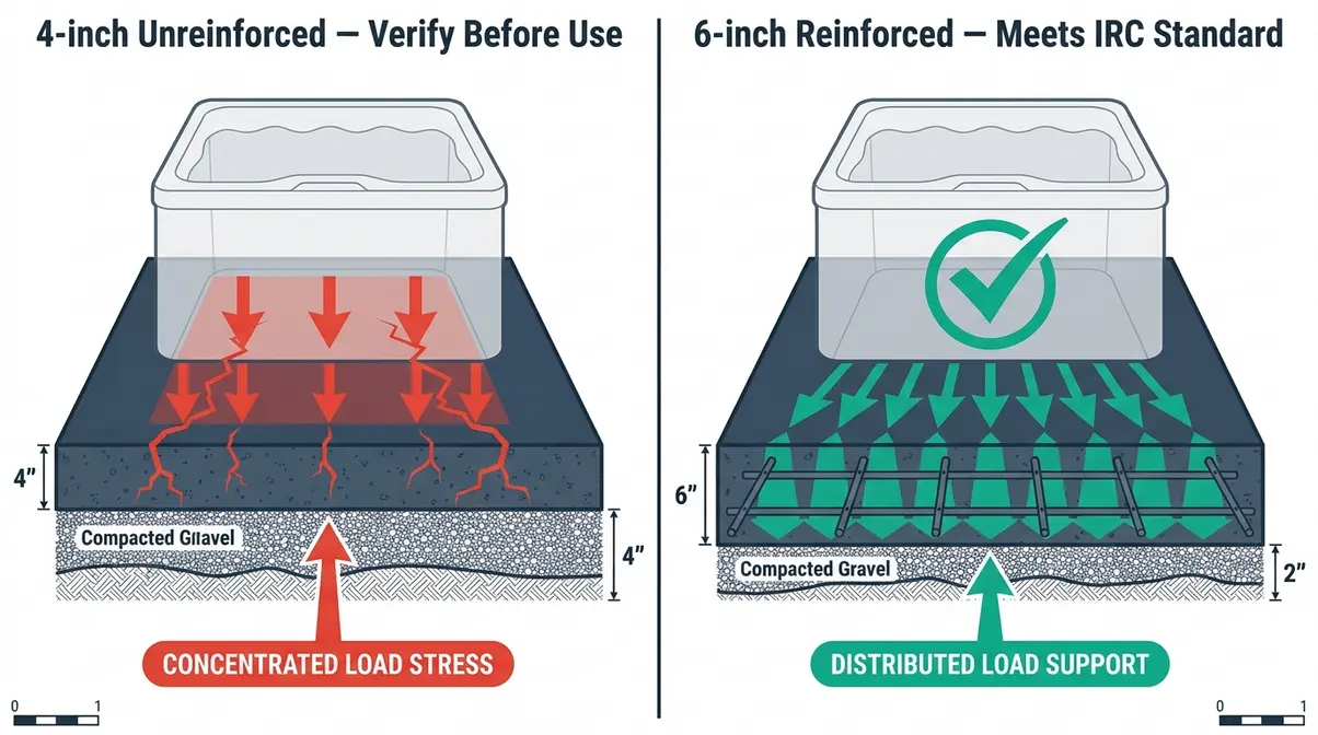 Hot tub in basement installation concrete slab structural load diagram comparing 4-inch and 6-inch reinforced slabs
