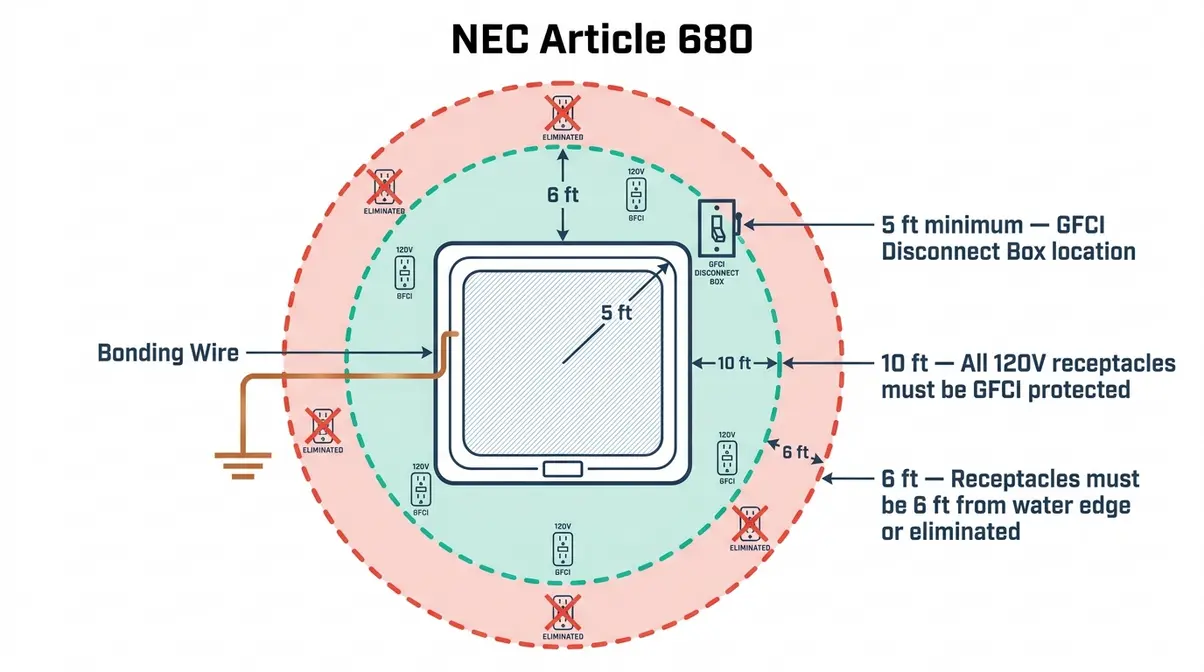 GFCI wiring diagram basement hot tub NEC Article 680 compliance zones showing disconnect and receptacle distances