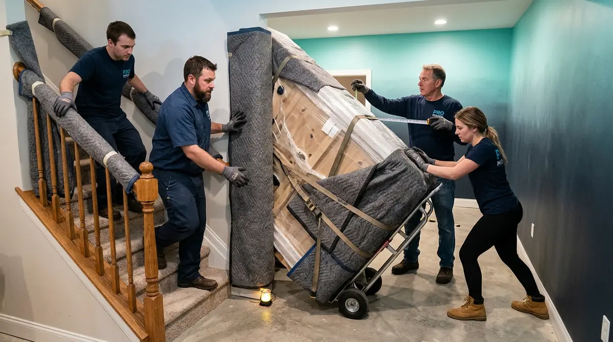 Team moving hot tub on furniture dollies through basement stairwell during installation placement phase