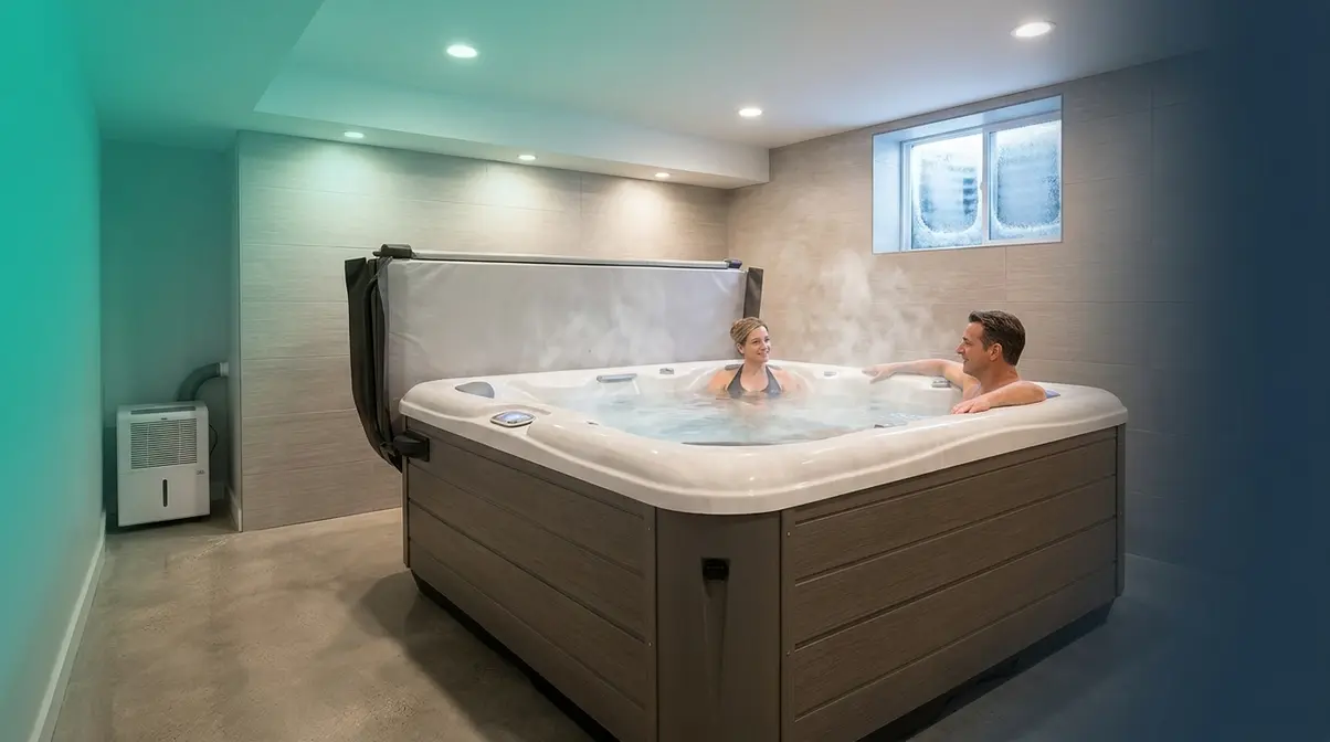 Hot Tub in Basement Installation: 5-Step Safety Guide 1 Couple relaxing in a basement hot tub during winter showing year-round usability and privacy benefits