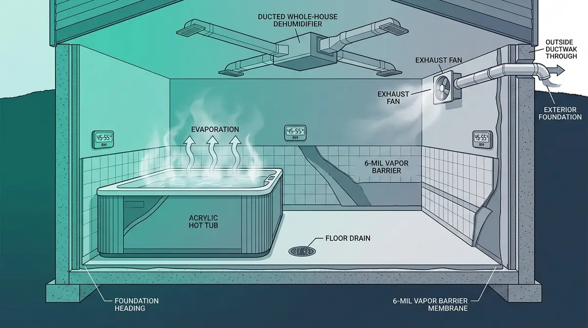 Hot Tub in Basement Installation: 5-Step Safety Guide 5 Basement hot tub room moisture and ventilation system showing exhaust fan, dehumidifier, vapor barrier, and floor drain