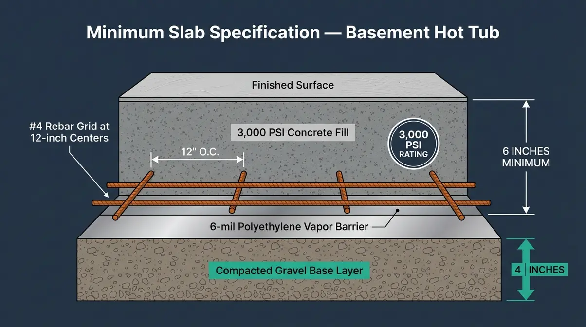 Hot Tub in Basement Installation: 5-Step Safety Guide 4 Structural cross-section diagram of minimum concrete slab requirements for basement hot tub installation with rebar and vapor barrier