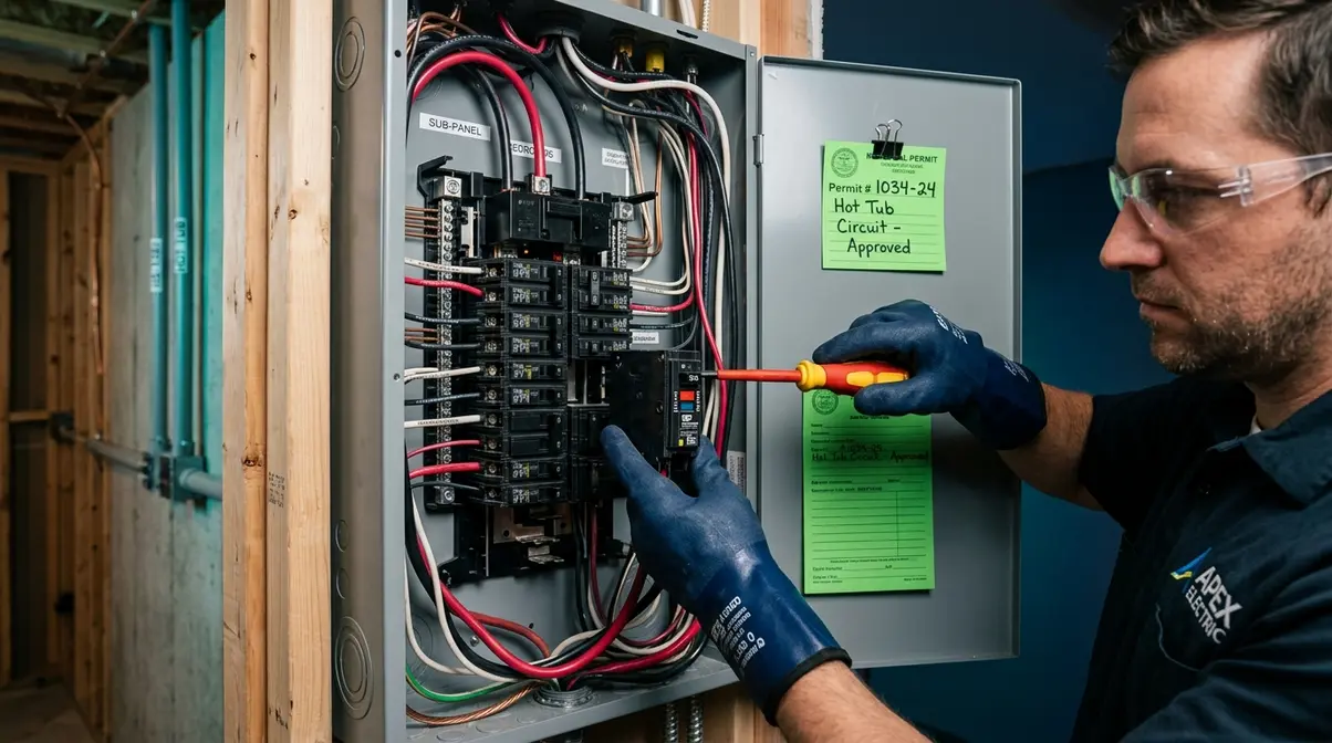 Hot Tub in Basement Installation: 5-Step Safety Guide 8 Licensed electrician installing GFCI breaker in panel for dedicated 240V basement hot tub circuit