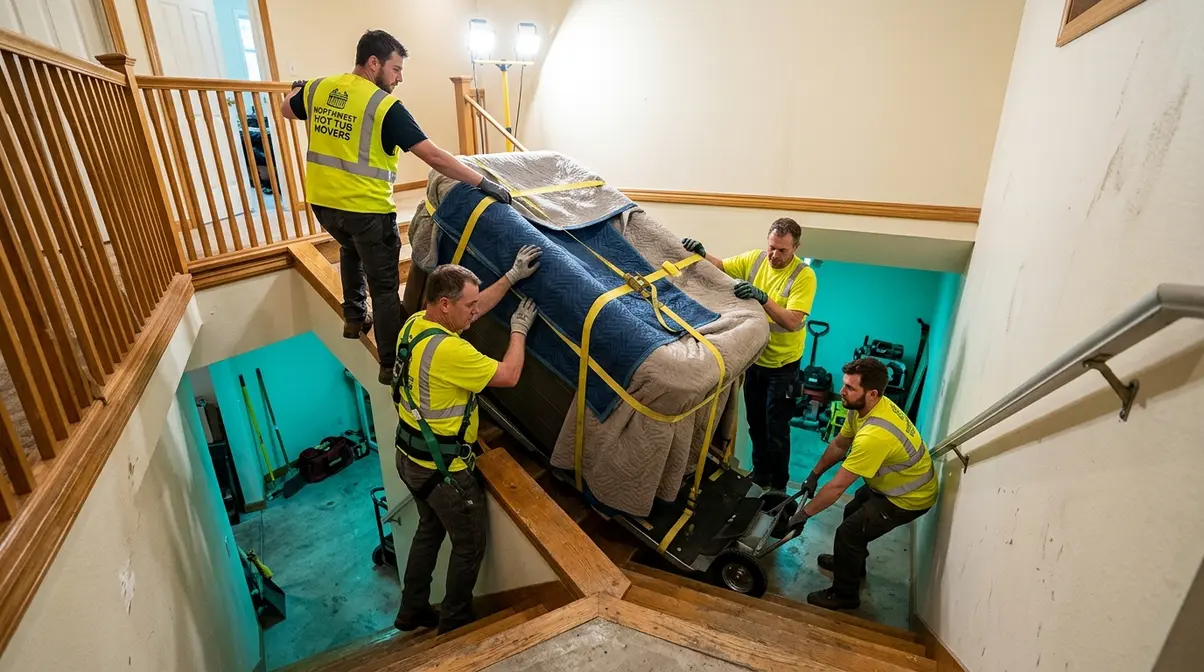 Hot Tub in Basement Installation: 5-Step Safety Guide 6 Professional hot tub delivery crew maneuvering large acrylic spa down basement stairwell with sled dollies