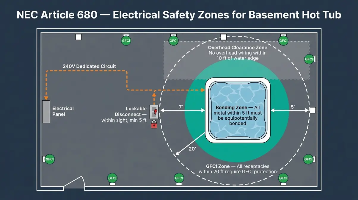 Hot Tub in Basement Installation: 5-Step Safety Guide 9 NEC Article 680 electrical safety zone diagram for basement hot tub showing GFCI radius, bonding zone, and dedicated circuit path