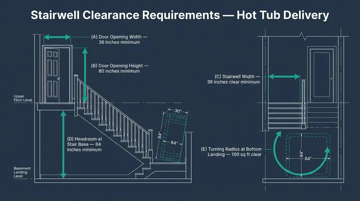 Hot Tub in Basement Installation: 5-Step Safety Guide 7 Stairwell clearance measurement diagram showing five critical dimensions for basement hot tub delivery logistics