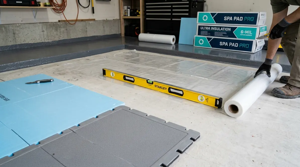 Garage floor preparation for hot tub installation showing level check moisture barrier and XPS foam insulation