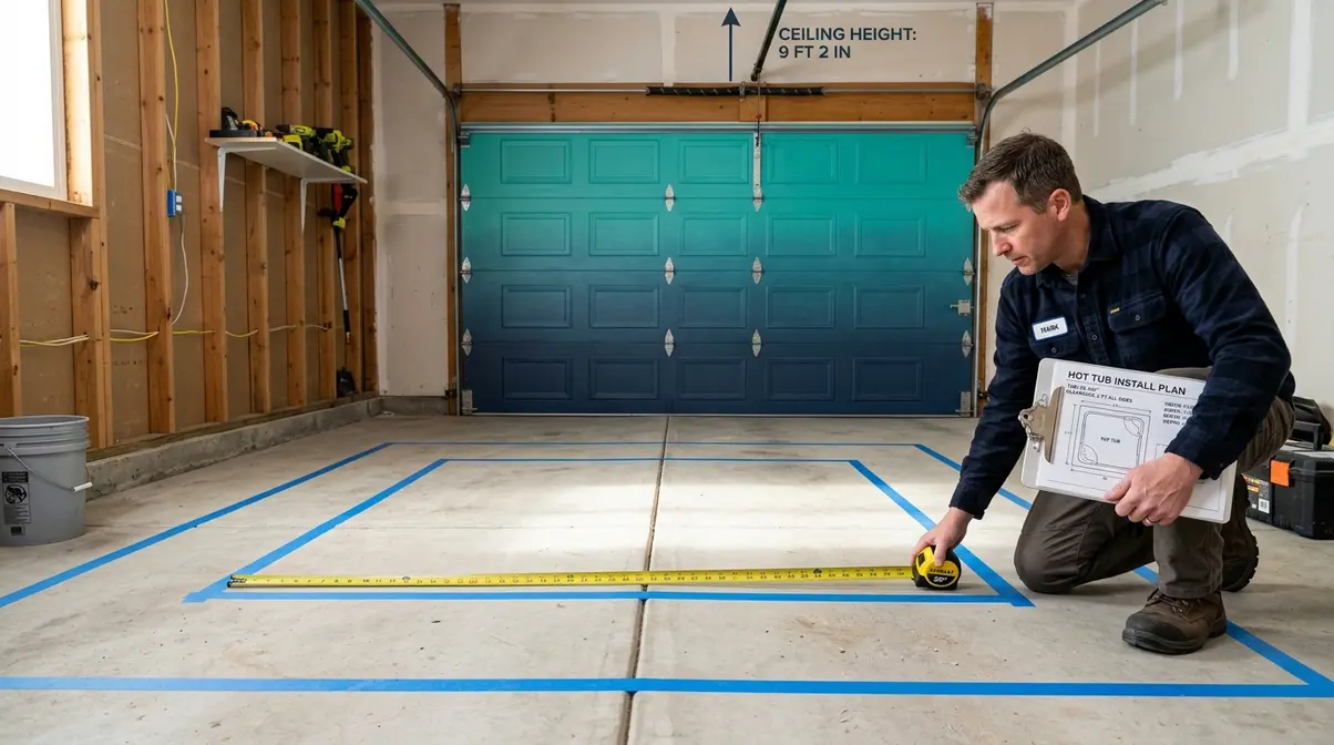 Homeowner measuring garage interior dimensions for hot tub feasibility with tape measure and spec sheet