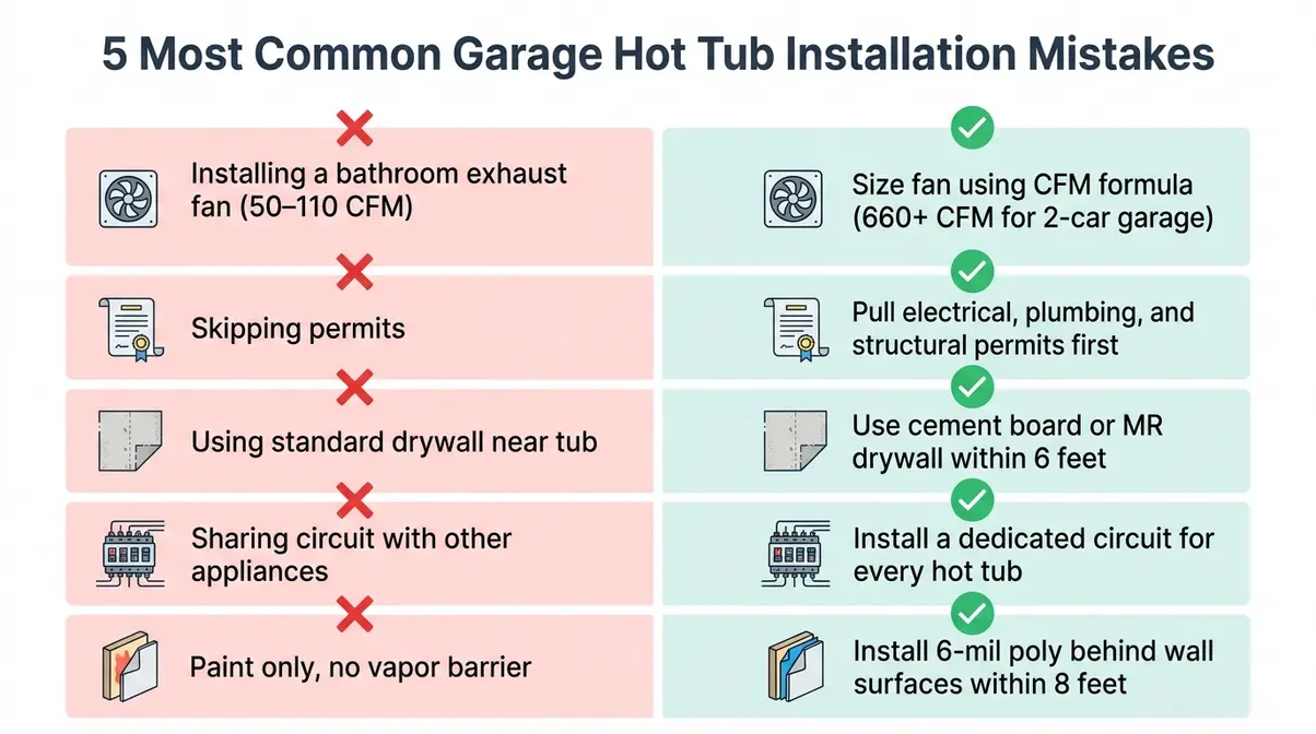 Five most common garage hot tub installation mistakes infographic with red wrong approach and green correct solution columns