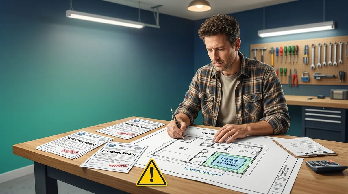 Homeowner reviewing garage hot tub installation permits including electrical structural and plumbing documents