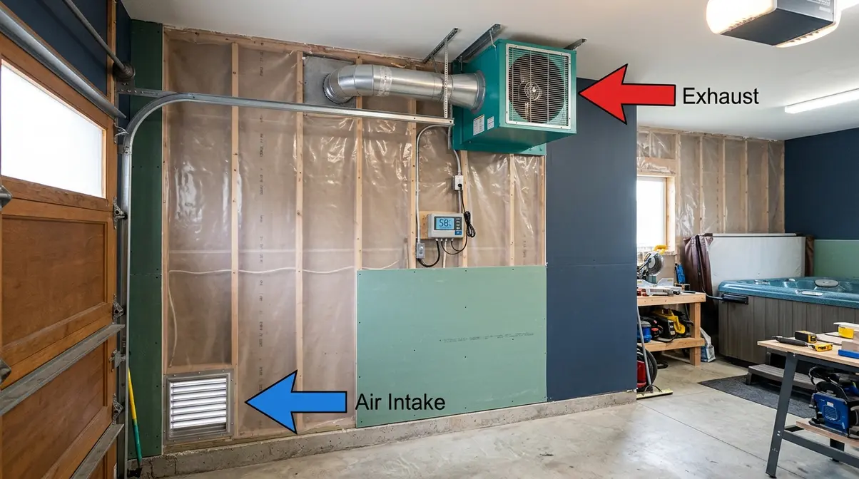 Garage hot tub ventilation installation showing exhaust fan humidistat and vapor barrier moisture control system