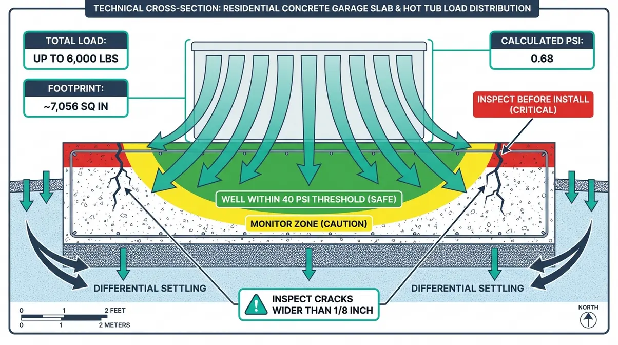 Hot tub floor load distribution diagram showing PSI zones and crack inspection points on garage concrete slab