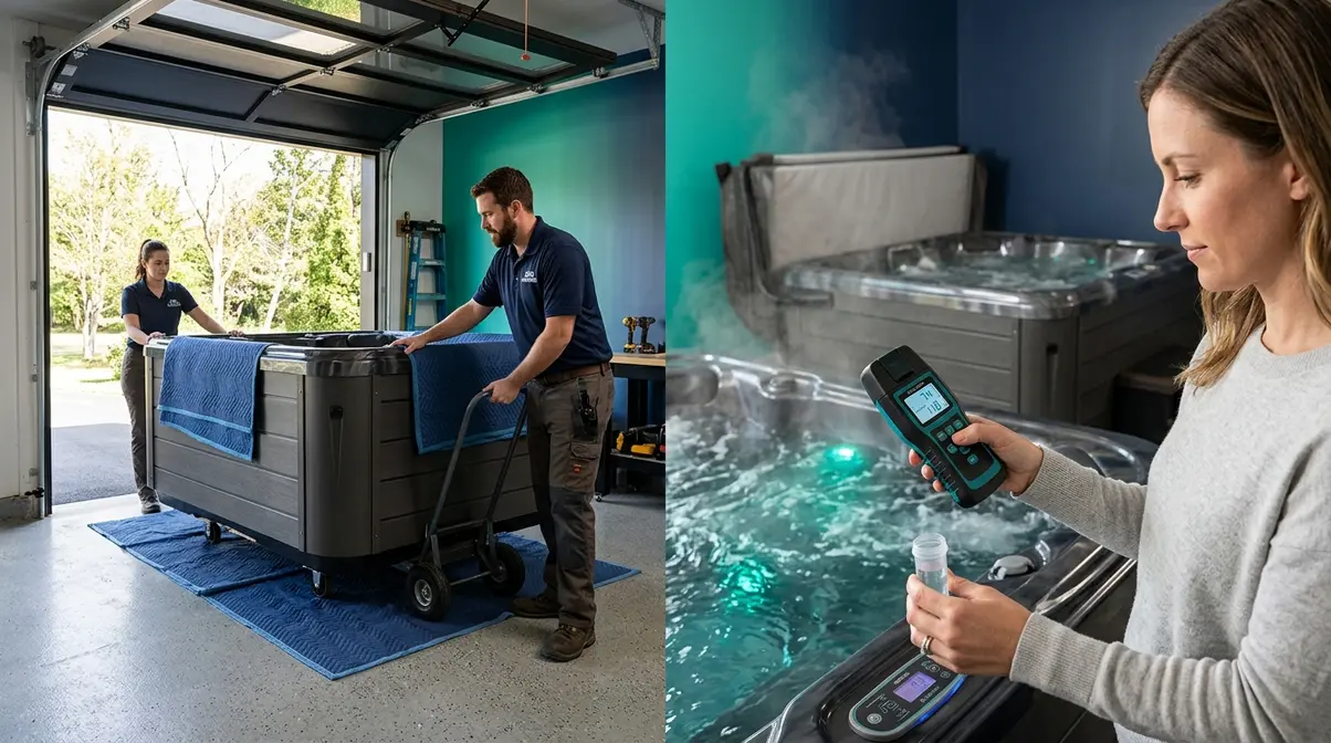 Hot tub delivery into garage on dolly and homeowner testing water chemistry during first startup