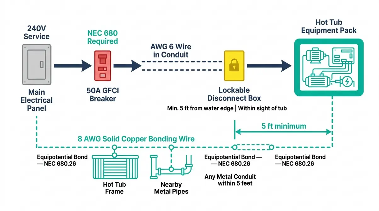 GFCI hot tub wiring diagram showing NEC Article 680 compliant circuit from panel to disconnect to equipment pack