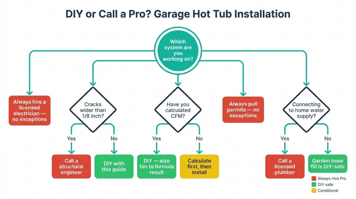 Garage hot tub installation decision flowchart showing when to hire electrician, structural engineer, or plumber