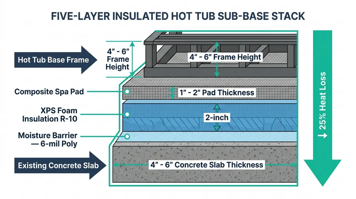 Hot tub insulated sub-base cross-section showing five installation layers from concrete slab to spa pad