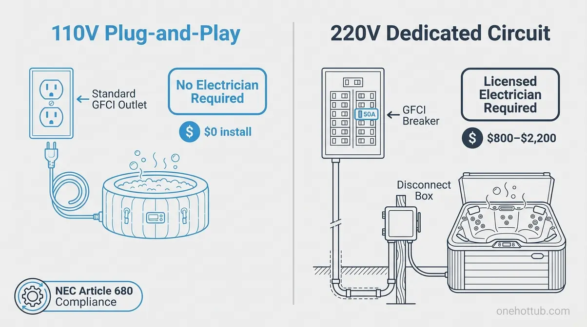 Diagram comparing 110V plug-and-play hot tub setup vs 220V dedicated circuit with GFCI breaker installation
