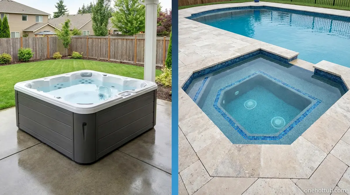 Side-by-side comparison of above-ground portable hot tub on concrete versus in-ground spa recessed in deck