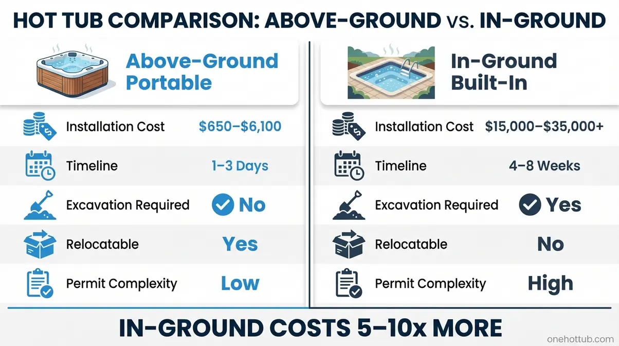 Side-by-side infographic comparing above-ground vs in-ground hot tub installation costs and timelines