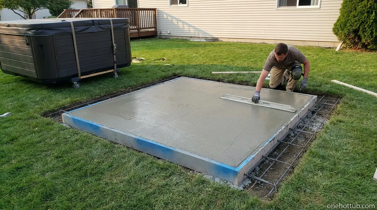Concrete hot tub pad being poured with rebar reinforcement for a residential backyard hot tub installation