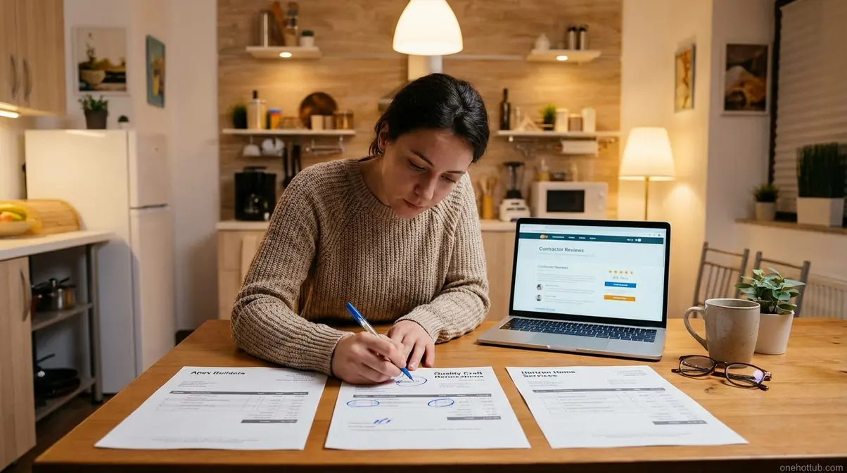 Homeowner comparing three hot tub installation contractor quotes with itemized line items on kitchen table