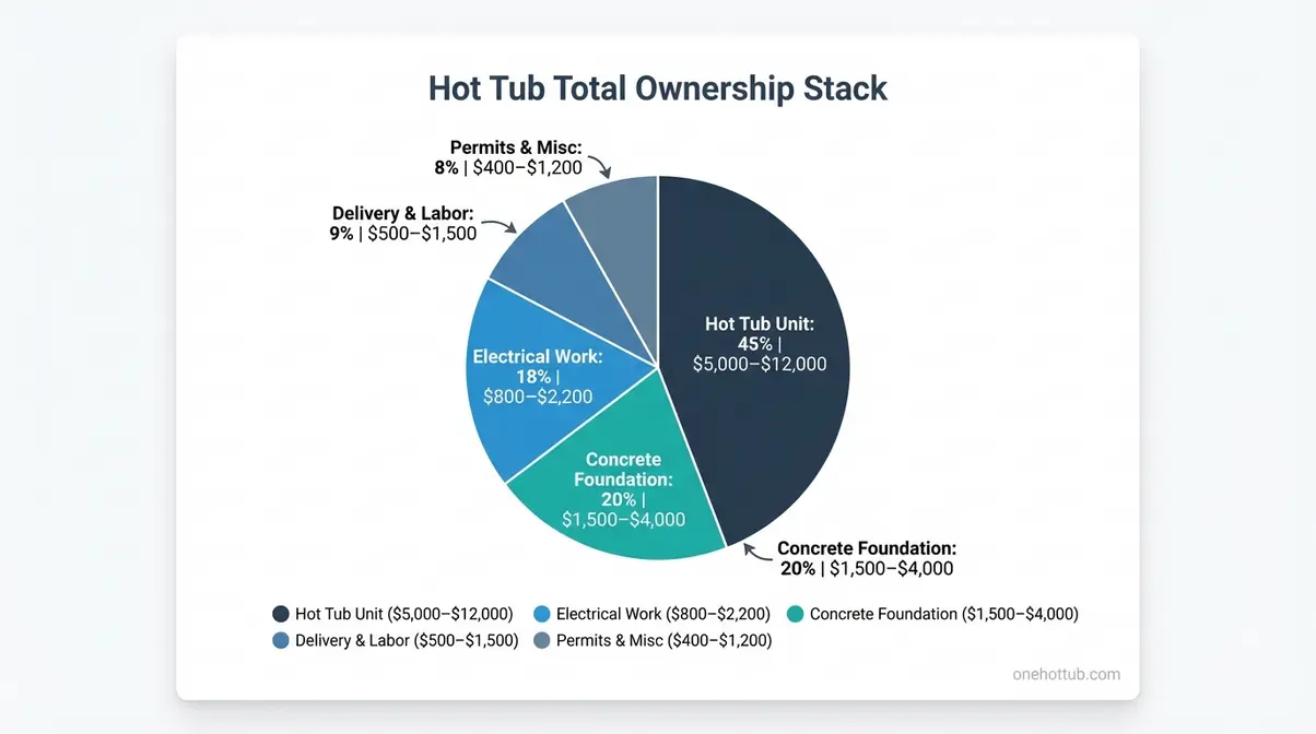 Hot tub installation cost breakdown infographic showing unit price electrical foundation and delivery percentages