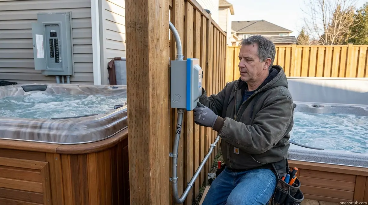 Licensed electrician installing 220V dedicated circuit disconnect box for hot tub electrical hookup