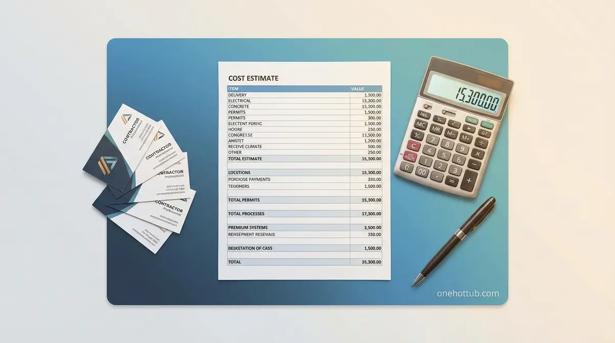 Hot tub installation cost breakdown documents showing estimate spreadsheet contractor cards and calculator