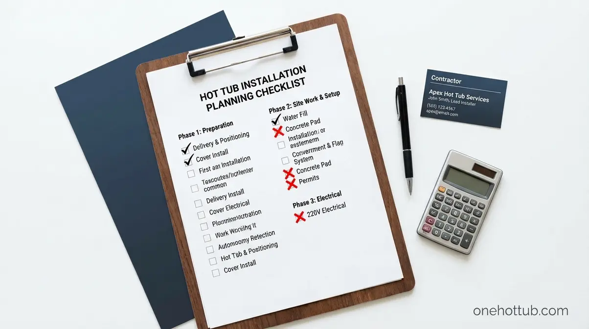 Hot tub installation checklist showing what is and is not included in a standard dealer installation quote