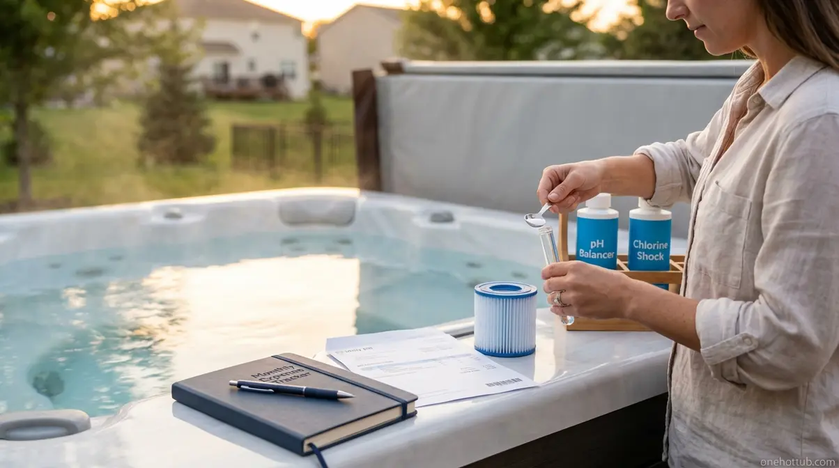 Hot tub ownership monthly costs including chemicals filter and utility bill beside a running spa